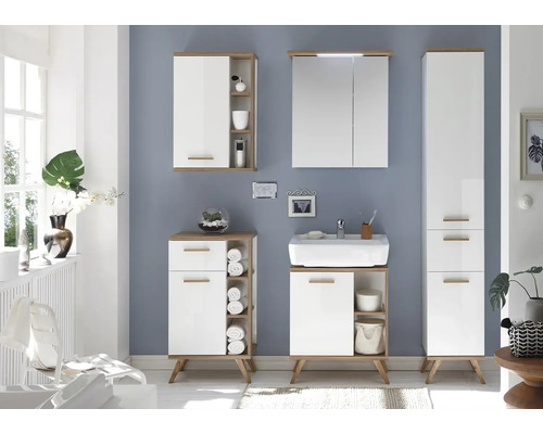 Kúpeľňový set s umývadlom, zrkadlová skrinka, spodná skrinka a vysoká skrinka