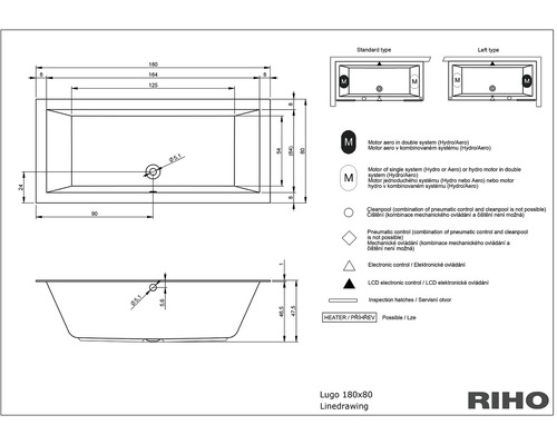 Technický nákres vane Lugo, 180x80 centimetrov, s rozmermi a vysvetlivkami symbolov