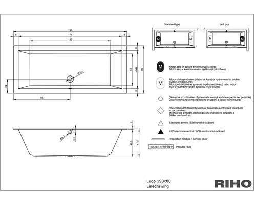 Technický nákres vane Lugo 190x80 s rozmermi a symbolmi pre vybavenie