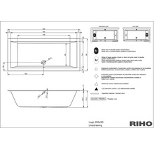 Technický nákres vane Lugo 200x90 od spoločnosti Riho s rozmermi a vysvetlivkami symbolov.
