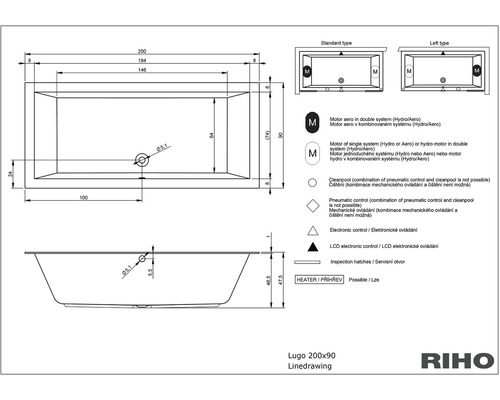 Technický nákres vane Lugo 200x90 od spoločnosti Riho s rozmermi a vysvetlivkami symbolov.