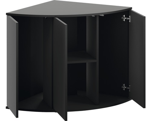 Rohová skrinka s otvorenými dvierkami