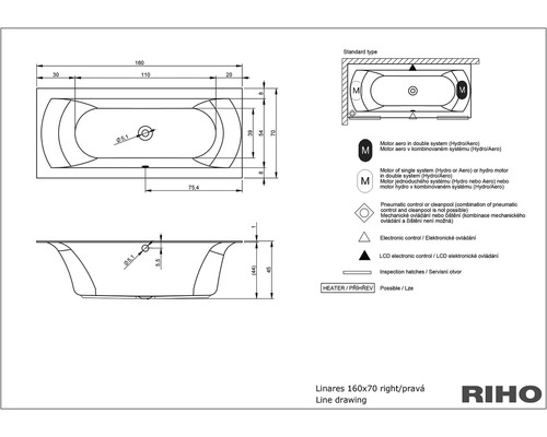 Technický nákres vane Linares 160x70