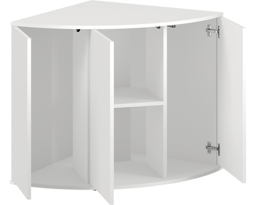 Biela rohová skrinka s otvorenými dvierkami a policami