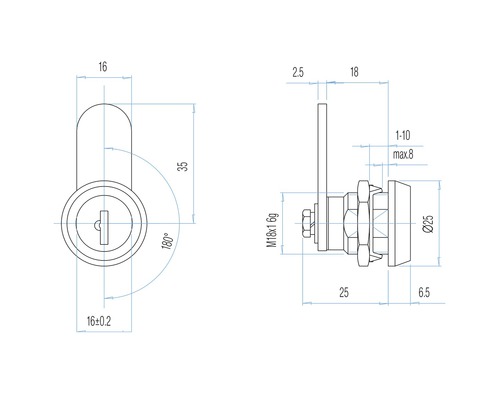 Technický nákres zámku skrine s rozmermi