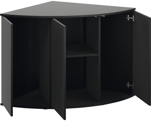 Čierna rohová skrinka s otvorenými dvierkami a policou