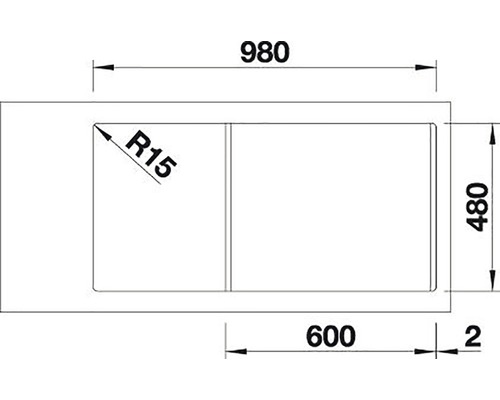 Technický nákres umývadla s rozmermi 980 x 480 mm