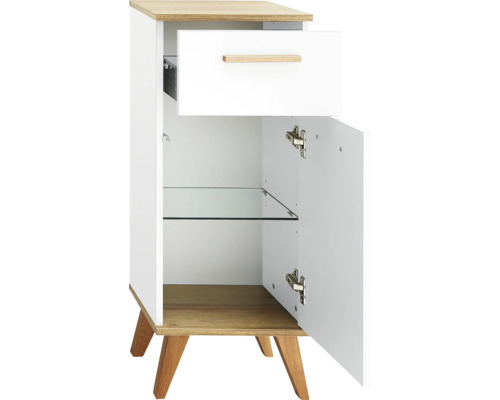 Nočný stolík so zásuvkou, dvierkami a sklenenou policou