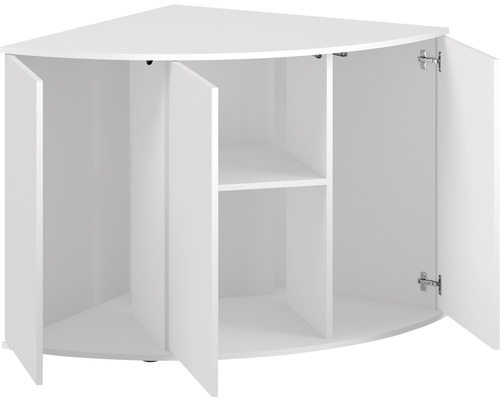 Biela rohová skrinka s otvorenými dverami a policou