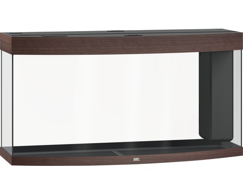 Prázdne akvárium s prehnutým čelným sklom a hnedým rámom