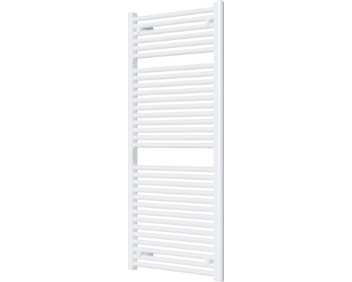 Biely kúpeľňový radiátor s horizontálnymi vykurovacími rúrkami.