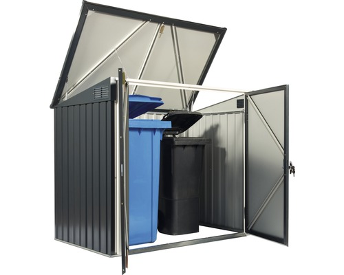 Kovový box na smetné nádoby s otvoreným vekom a dvoma smetnými nádobami