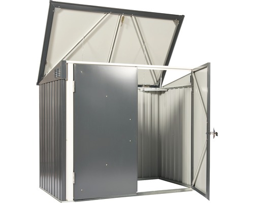 Otvorený kovový záhradný domček s posuvnými dverami a výklopnou strechou