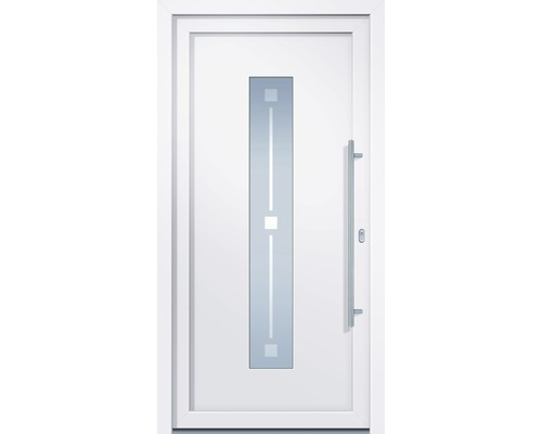 Biele vchodové dvere so sklenenou vložkou a madlom