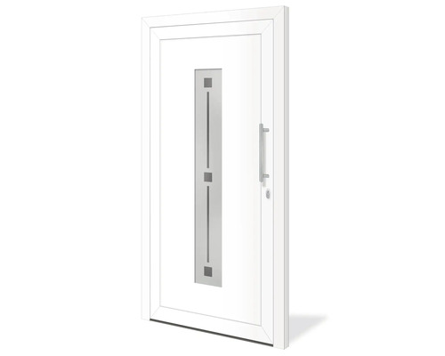 Biele vchodové dvere s nerezovými aplikáciami a madlom