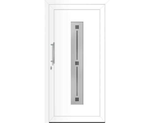 Biele vchodové dvere so sklenenou vložkou a nerezovou kľučkou