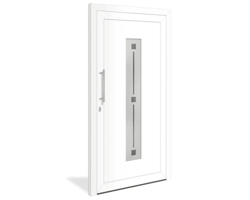 Biele vchodové dvere so sklenenou výplňou a držadlom