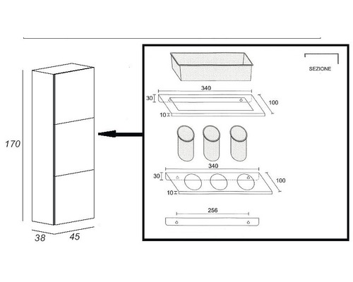 Technický nákres kúpeľňovej skrinky s rozmermi