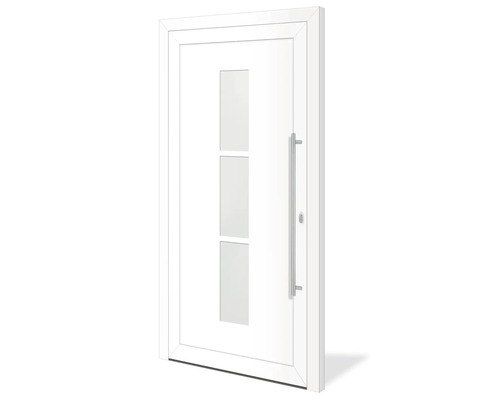 Biele vchodové dvere so sklenenými výplňami a madlom