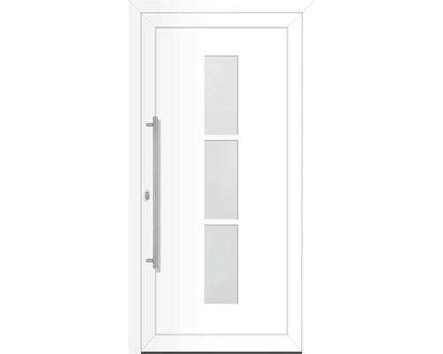 Biele vchodové dvere s tromi sklenenými výplňami a madlom