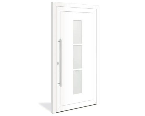 Biele vchodové dvere s tromi oknami a kľučkou