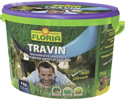 Trávnikové hnojivo s účinkom proti burinám Floria Travin 4 kg Hnojivo na trávnik s hubiteľom buriny v balení