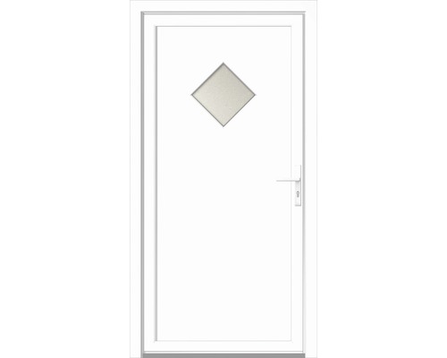 Biele vchodové dvere s kosoštvorcovým oknom a kľučkou