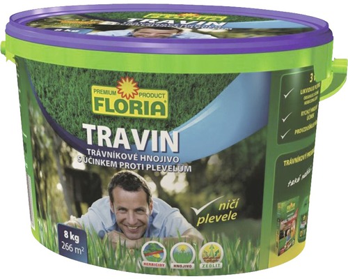 Trávnikové hnojivo s účinkom proti burinám Floria Travin 8 kg Floria Travin trávnikové hnojivo s likvidáciou buriny vo vedre, 8 kg