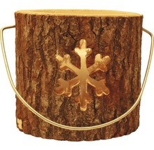 Drevený kvetináč so snehovou vločkou a kovovou rukoväťou