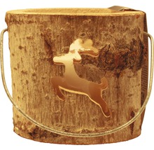 Dekoratívna drevená lampáš s motívom jeleňa a kovovou rukoväťou