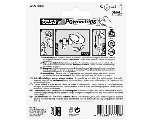 Lepiace háčiky Tesa Powerstrips, odnímateľné bez stopy, vrátane štyroch lepiacich prúžkov