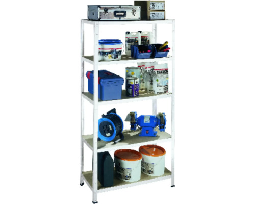 Kovový regál Schulte R4020-05-04 1800x900x450 mm, 5 políc, nosnosť 875 kg, biely Regál s boxom na náradie, nádobami na farby, brúskou a káblom