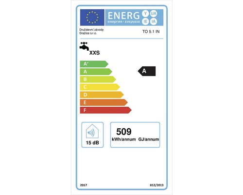 Energetický štítok pre vodovodnú batériu s triedou energetickej účinnosti A, spotrebou vody XXS, hlučnosťou 15 decibelov a spotrebou energie 509 kilowatthodín ročne.