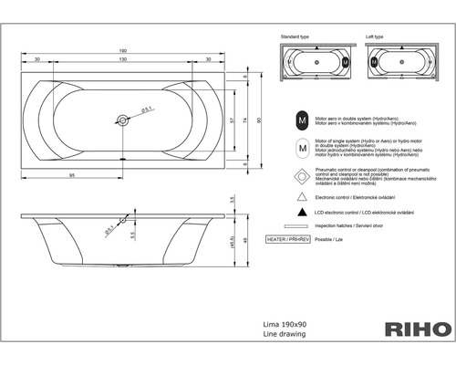 Technický nákres vane Lima 190x90