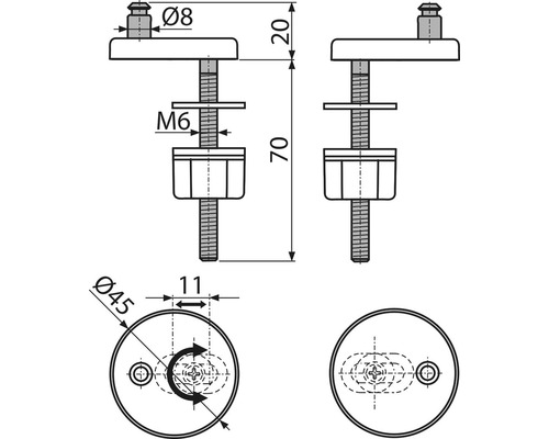 Technický nákres upevnenia WC sedadla s rozmermi