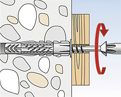 Ilustrácia hmoždinky so skrutkou v stene a kuse dreva.