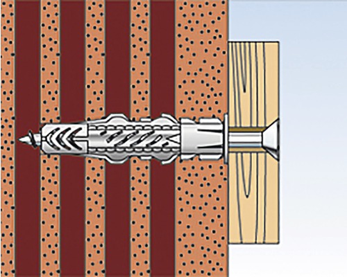 Ilustrácia upevnenia hmoždinky v stene s kusom dreva