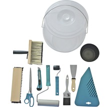 Sada príslušenstva na tapety s vedrom, kefami, valčekmi, škrabkou, nožnicami a rezným nástrojom