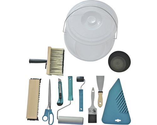 Sada príslušenstva na tapety s vedrom, kefami, valčekmi, škrabkou, nožnicami a rezným nástrojom
