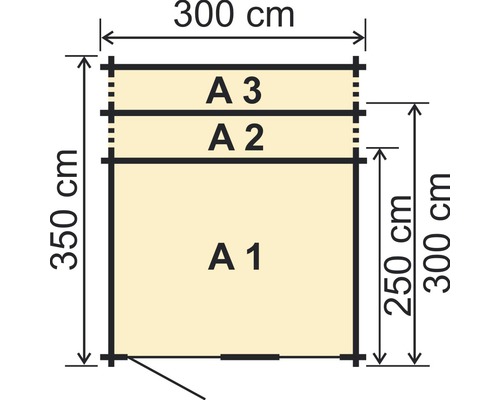 Technický nákres drevenej chaty s rozmermi v centimetroch
