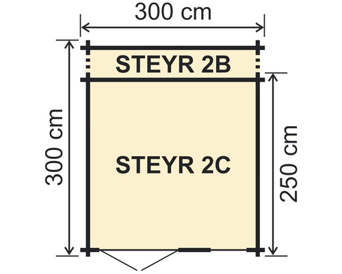 Pôdorys záhradného domčeka Steyr 2 s rozmermi 300 krát 300 centimetrov a prístavby Steyr 2B so šírkou 300 centimetrov