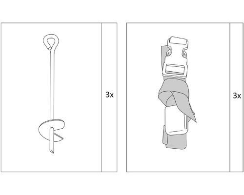 Obrázok troch zemných klincov a troch napínacích popruhov