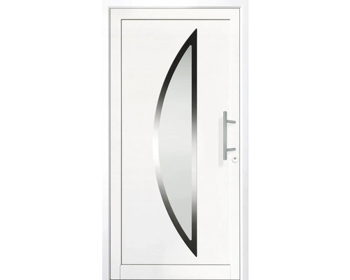 Biele vchodové dvere s polmesiacovou sklenenou vložkou a kľučkou
