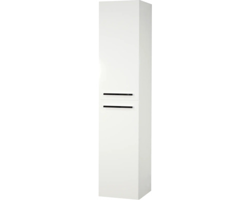 Biela vysoká skriňa s dvomi dvierkami a úzkymi úchytkami