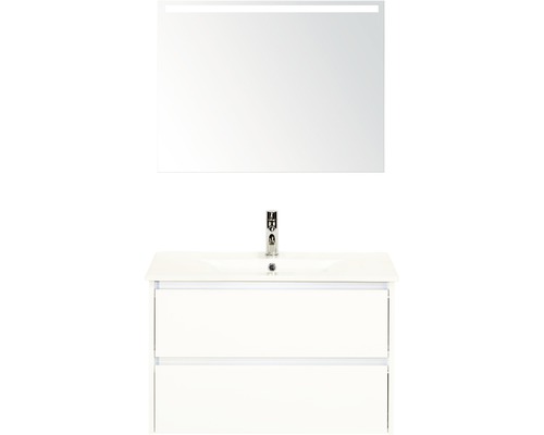 Kúpeľňový nábytkový set Dante 80 cm s keramickým umývadlom biela vysoko lesklá a zrkadlom s LED osvetlením
