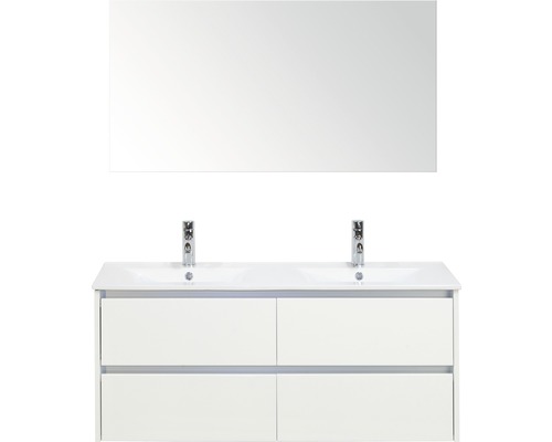 Kúpeľňový nábytkový set Dante 120 cm s keramickým dvojitým umývadlom a zrkadlom biela vysoko lesklá Kúpeľňový nábytkový set Dante 120 cm s keramickým dvojitým umývadlom a zrkadlom biela vysoko lesklá