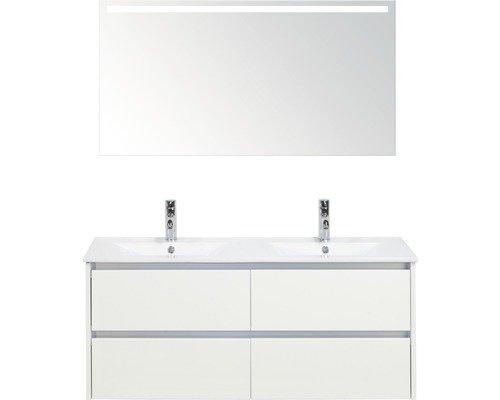 Kúpeľňový nábytkový set Dante 120 cm s keramickým dvojitým umývadlom biela vysoko lesklá a zrkadlom s LED osvetlením Kúpeľňový nábytkový set Dante 120 cm s keramickým dvojitým umývadlom biela vysoko lesklá a zrkadlom s LED osvetlením