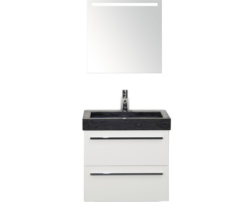 Kúpeľňová zostava Sanox Seville prírodný kameň zrkadlo 60 cm biela s LED Umývadlo s umývadlovou skrinkou, spodná skrinka s dvomi zásuvkami a osvetleným zrkadlom