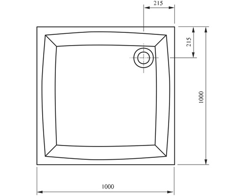 Technický výkres sprchovej vaničky s rozmermi 1000 x 1000 mm