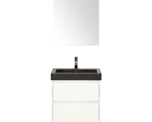 Kúpeľňový nábytkový set Dante 60 cm s umývadlom z prírodného kameňa a zrkadlom biela vysoko lesklá